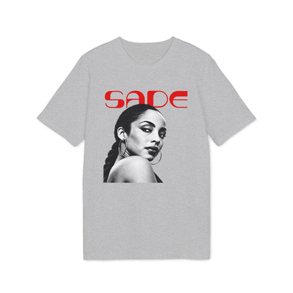 Grey t-shirt with red Sade logo and black and white portrait of Sade.