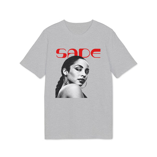 Grey t-shirt with red Sade logo and black and white portrait of Sade.