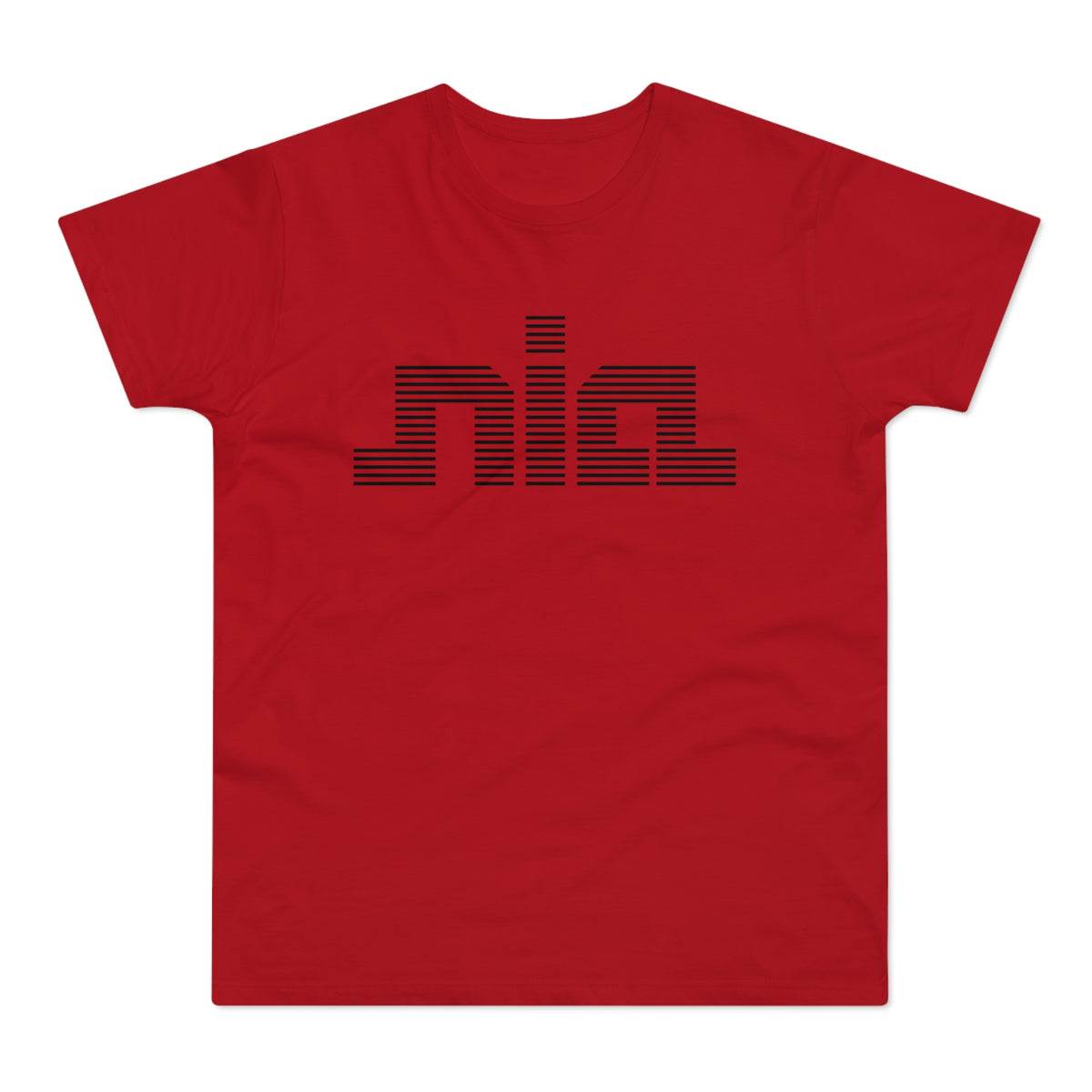Red t-shirt with a black lined "nia" graphic across the chest.