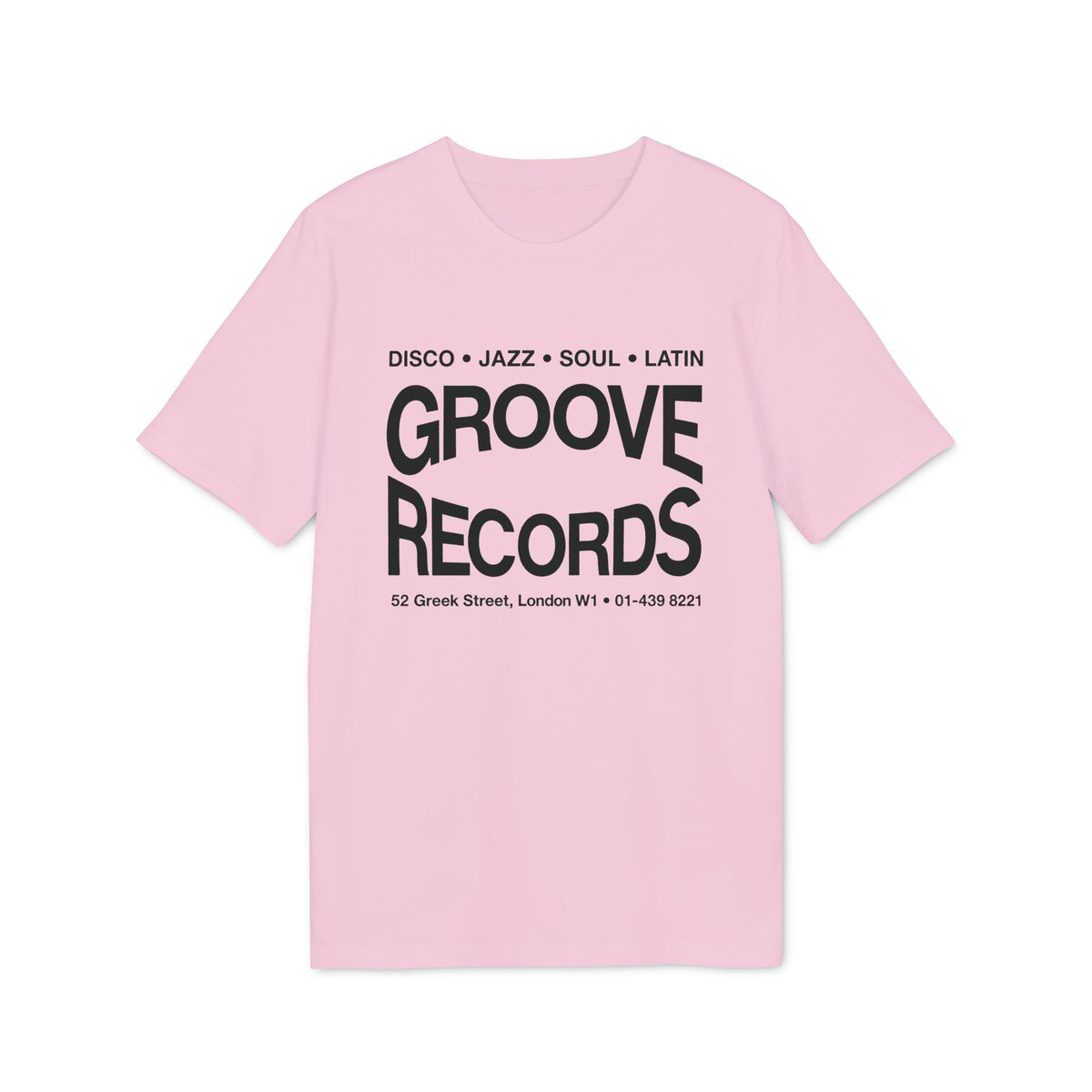 Pink t-shirt with "GROOVE RECORDS" and address printed in black.