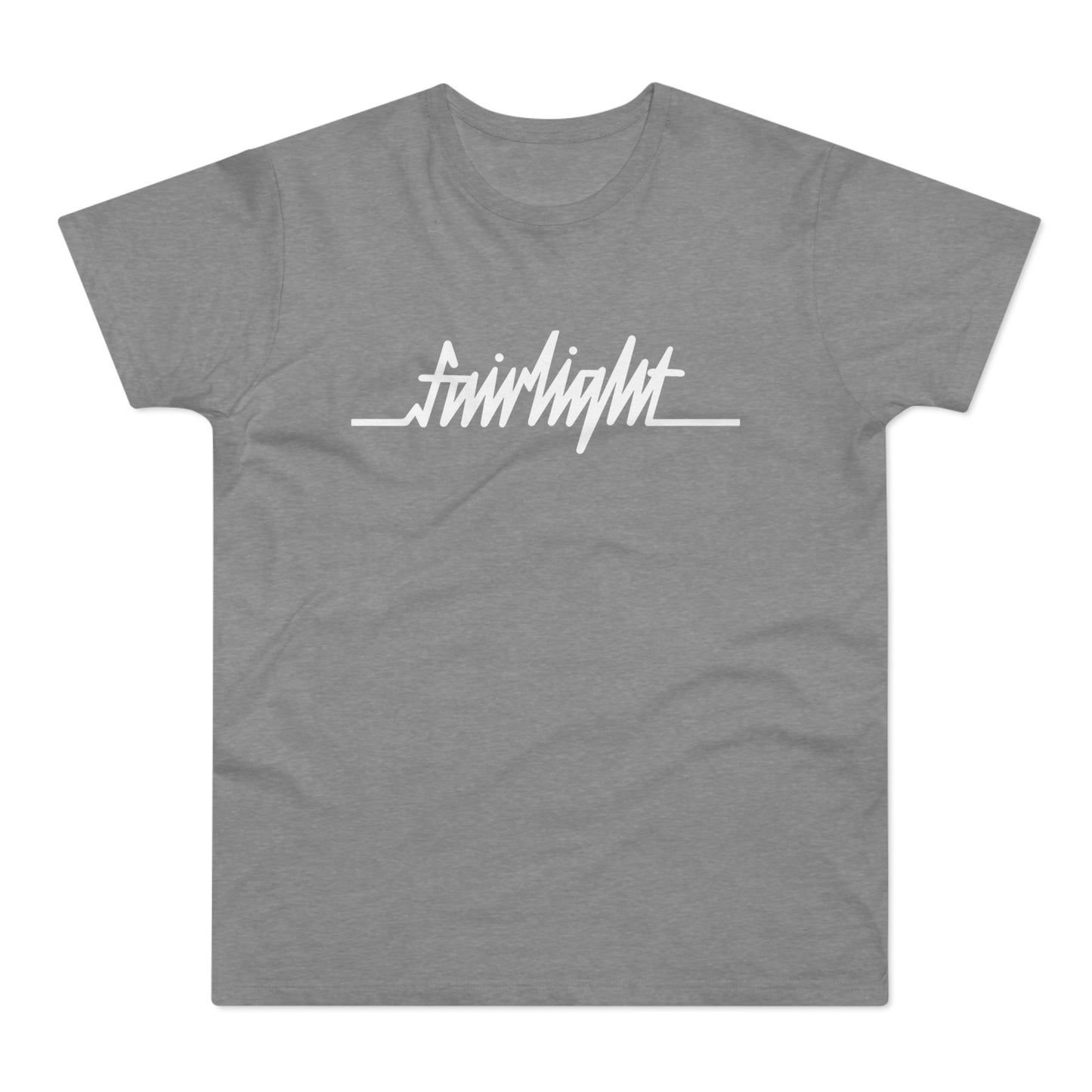 Grey t-shirt with white "fairlight" text in a script font and a horizontal line.
