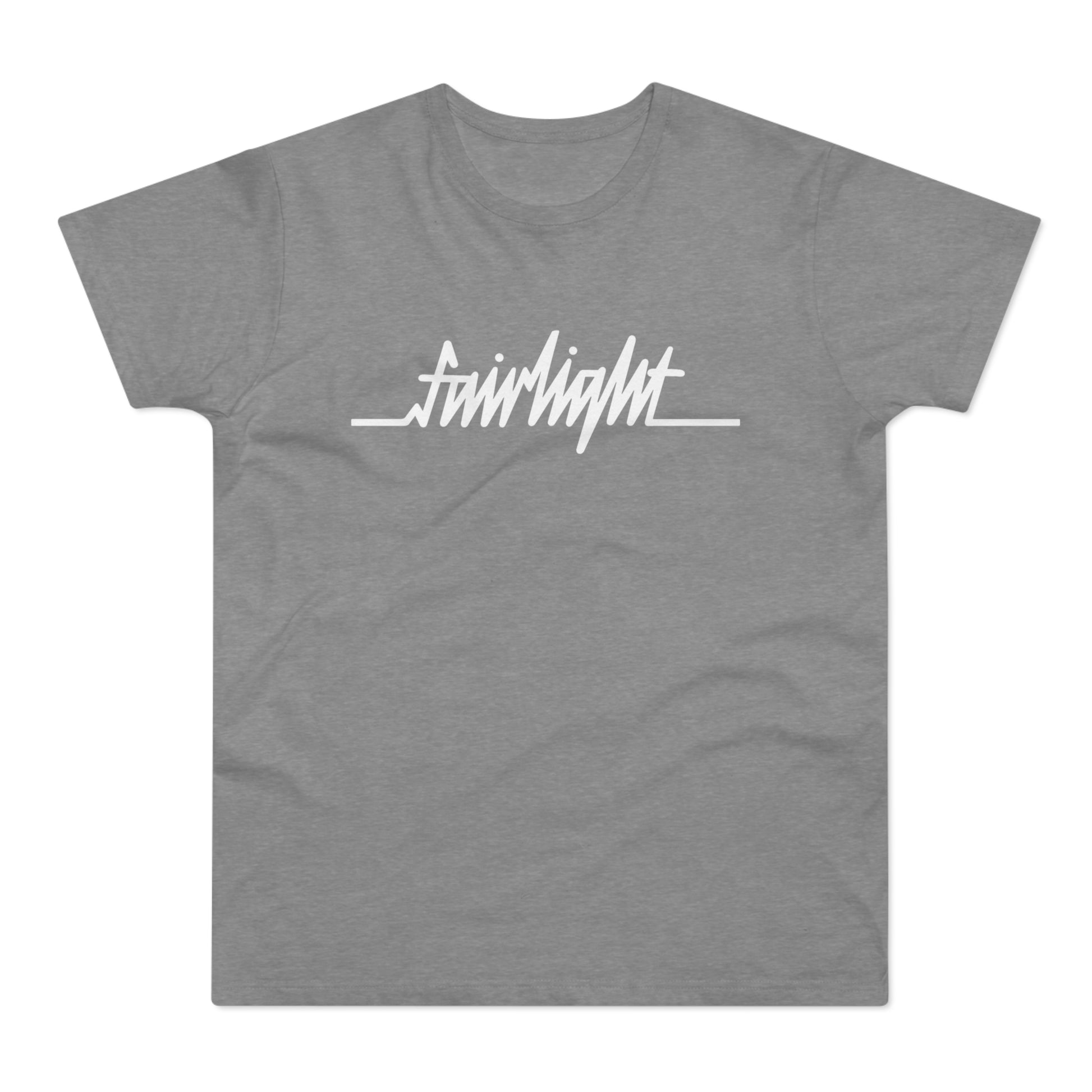Grey t-shirt with white "fairlight" text in a script font and a horizontal line.