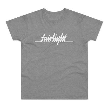 Grey t-shirt with white "fairlight" text in a script font and a horizontal line.