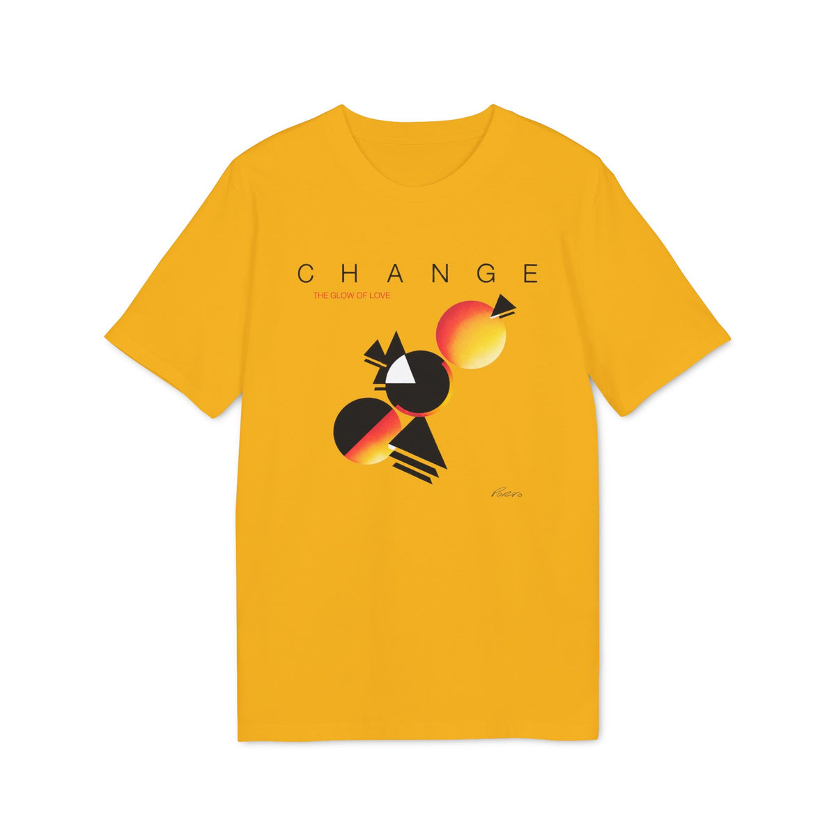 Yellow t-shirt with "CHANGE THE GLOW OF LOVE" text and geometric art.
