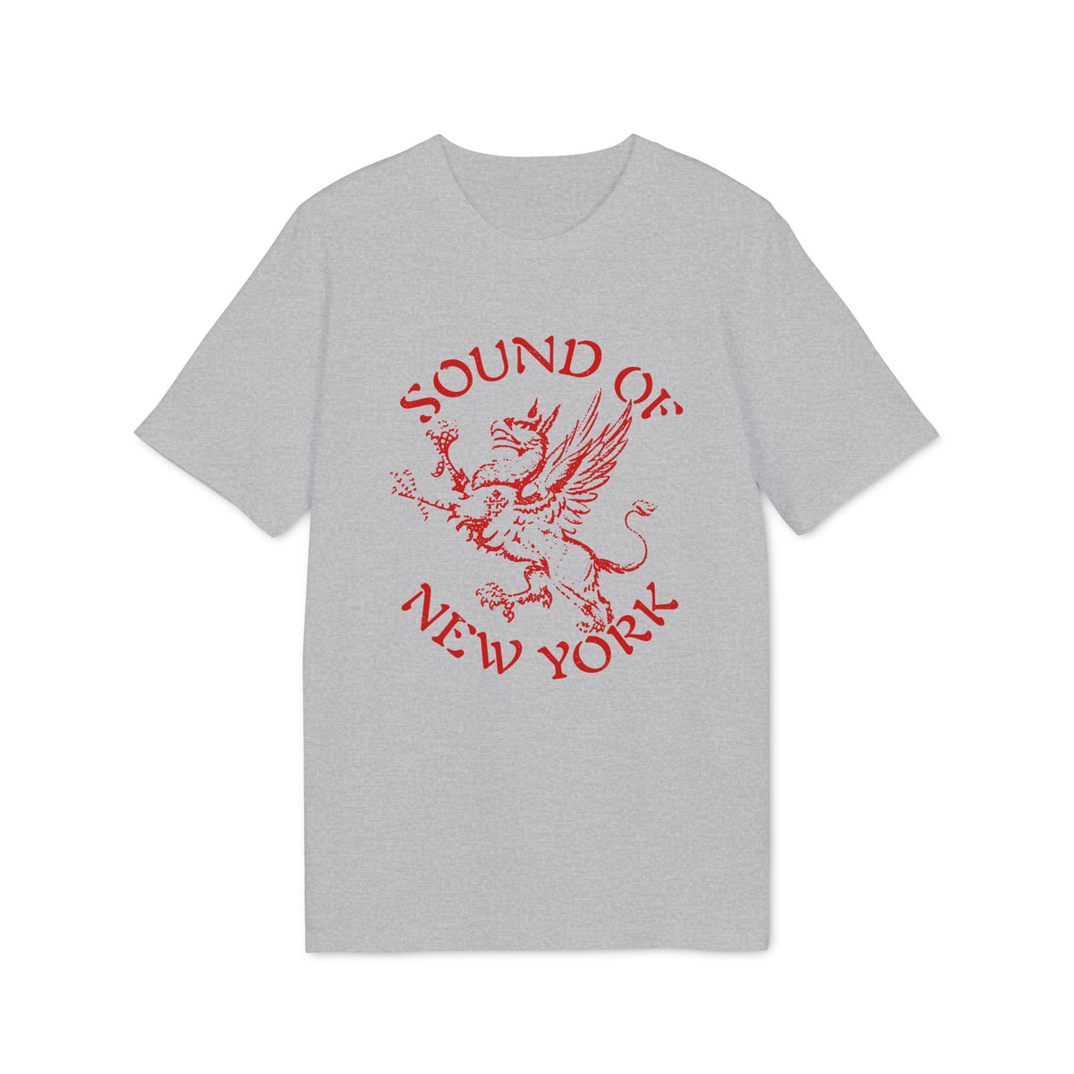 Grey t-shirt with red graphic of a griffin and text "SOUND OF NEW YORK".