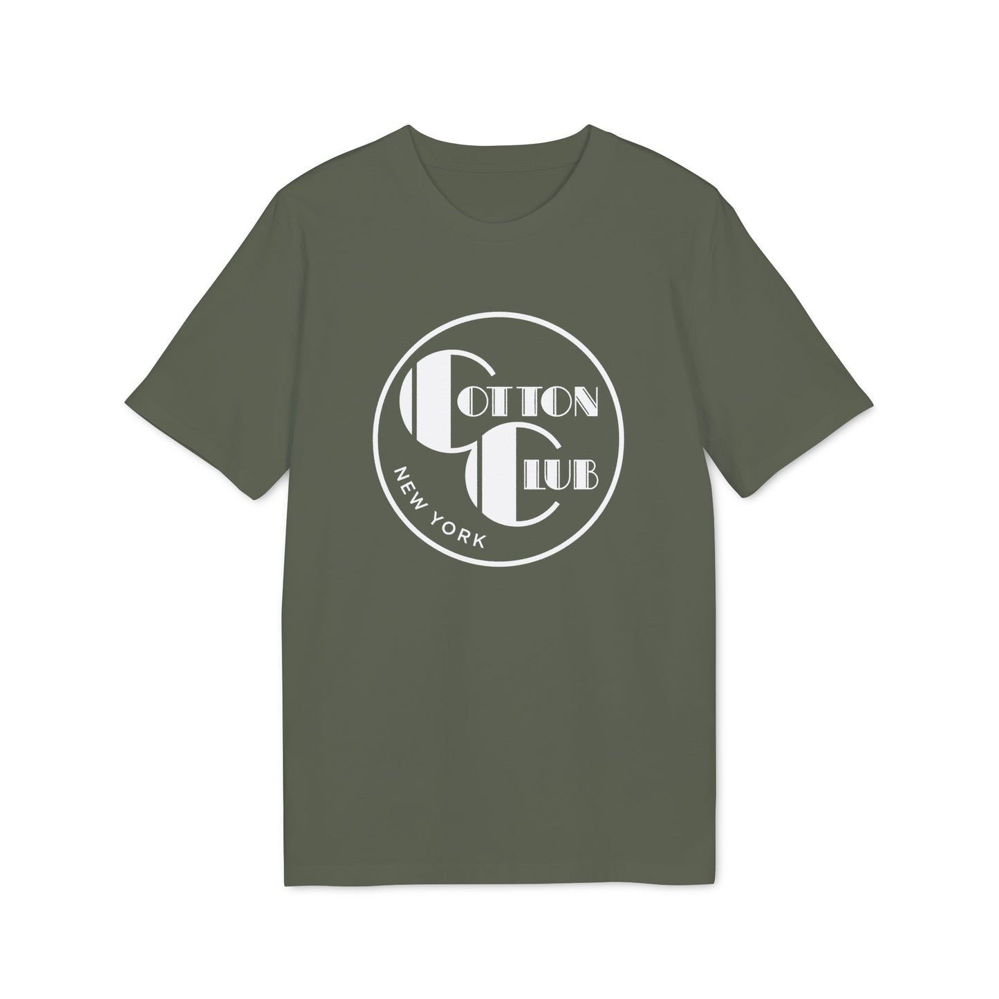 Olive green t-shirt with white circular "Cotton Club New York" logo on chest.