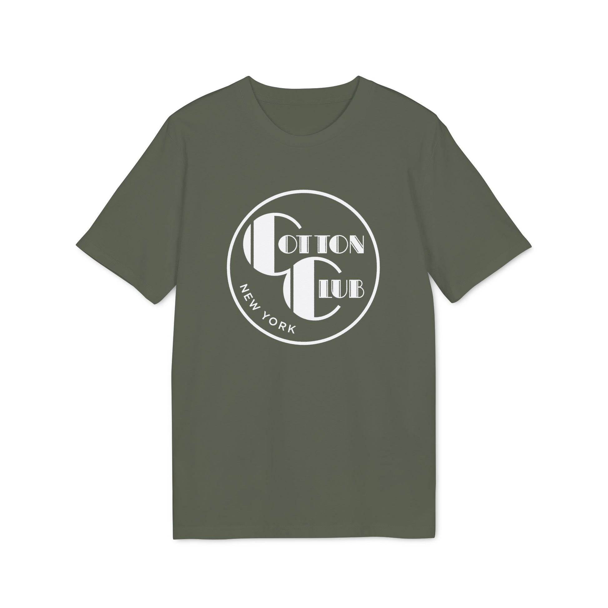 Olive green t-shirt with white circular "Cotton Club New York" logo on chest.