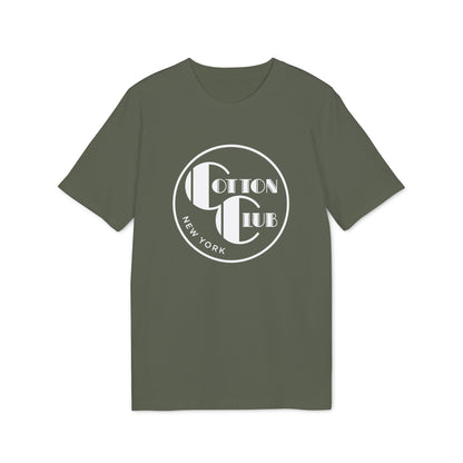Olive green t-shirt with white circular "Cotton Club New York" logo on chest.
