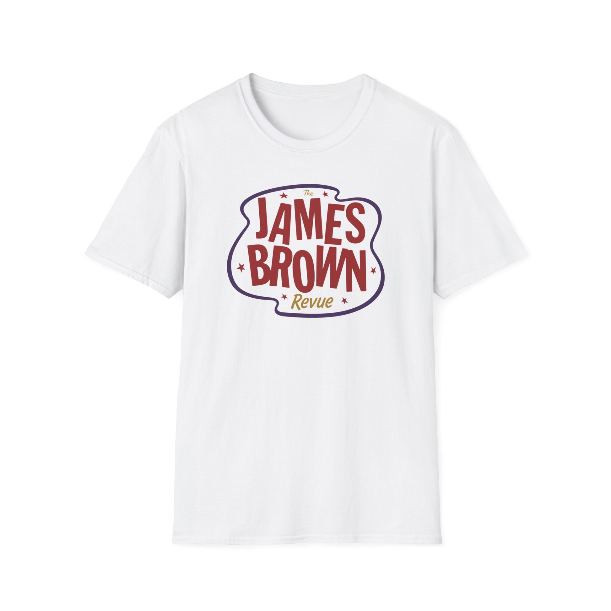 White t-shirt with red and blue "The James Brown Revue" text graphic.