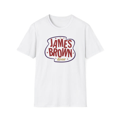 White t-shirt with red and blue "The James Brown Revue" text graphic.