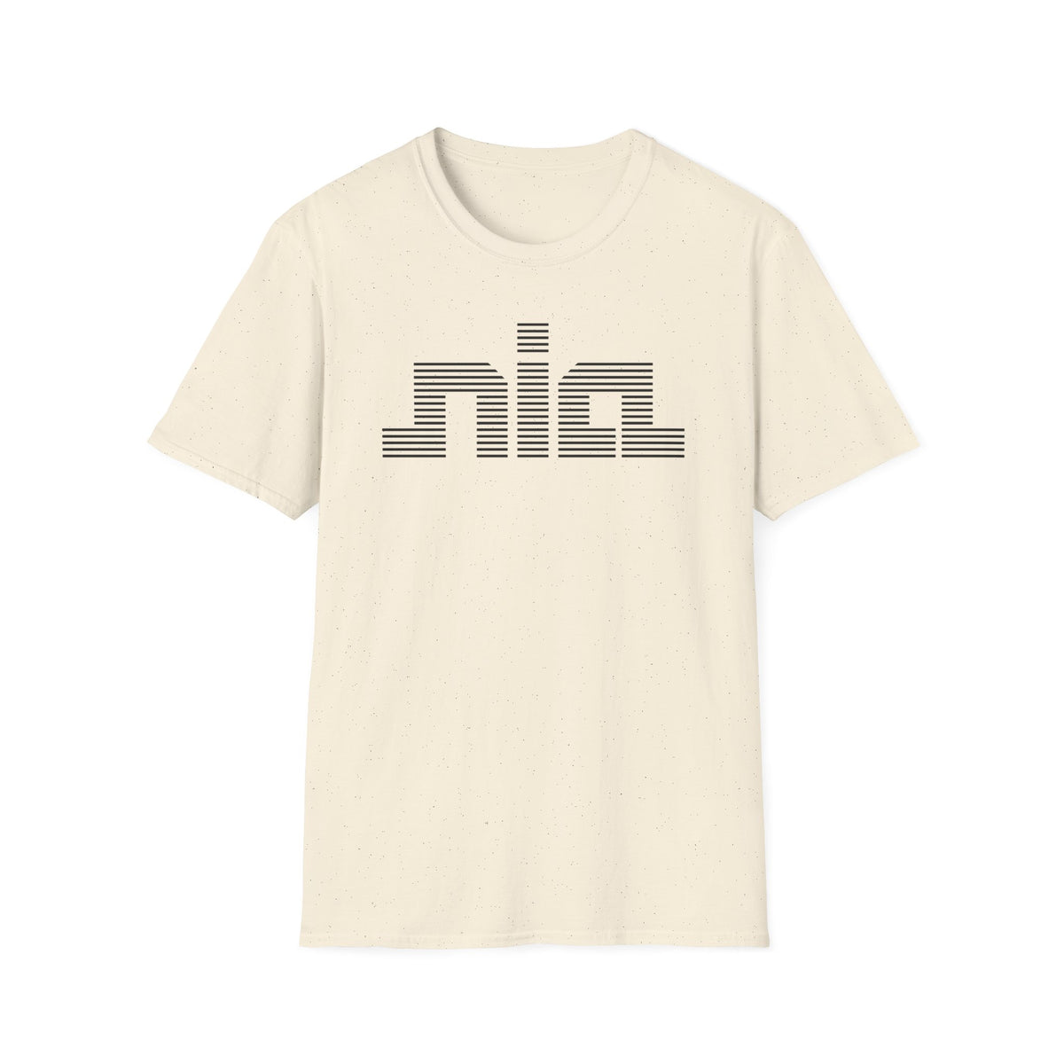 Cream t-shirt with black horizontal striped "nia" logo across the chest.