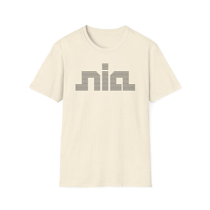 Cream t-shirt with black horizontal striped "nia" logo across the chest.