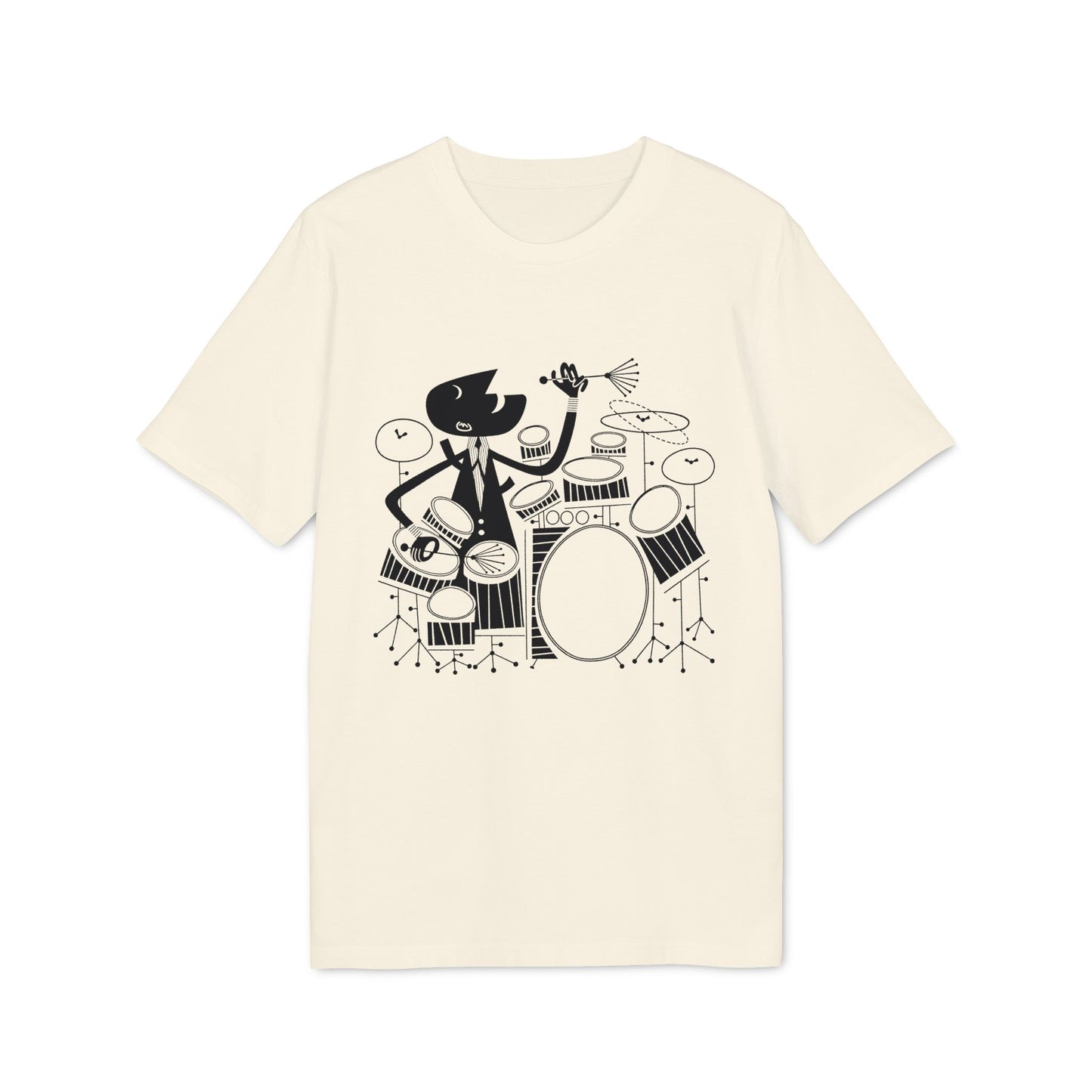 Black and white illustration of a character playing drums on a beige t-shirt.