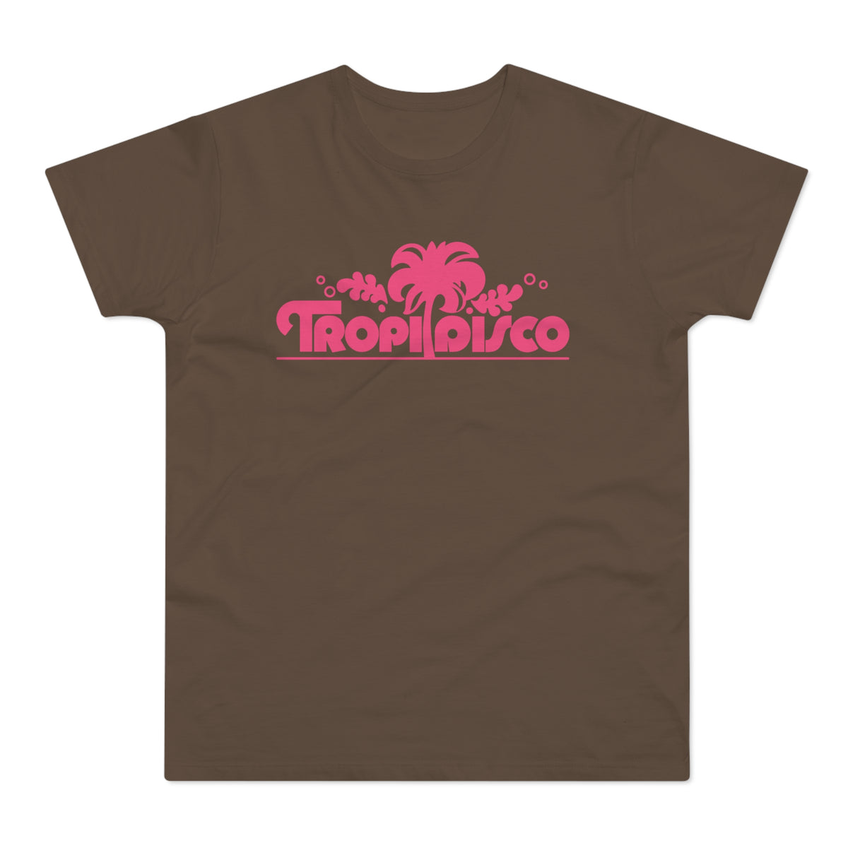 Brown t-shirt with a pink "TropiDisco" logo featuring a palm tree.