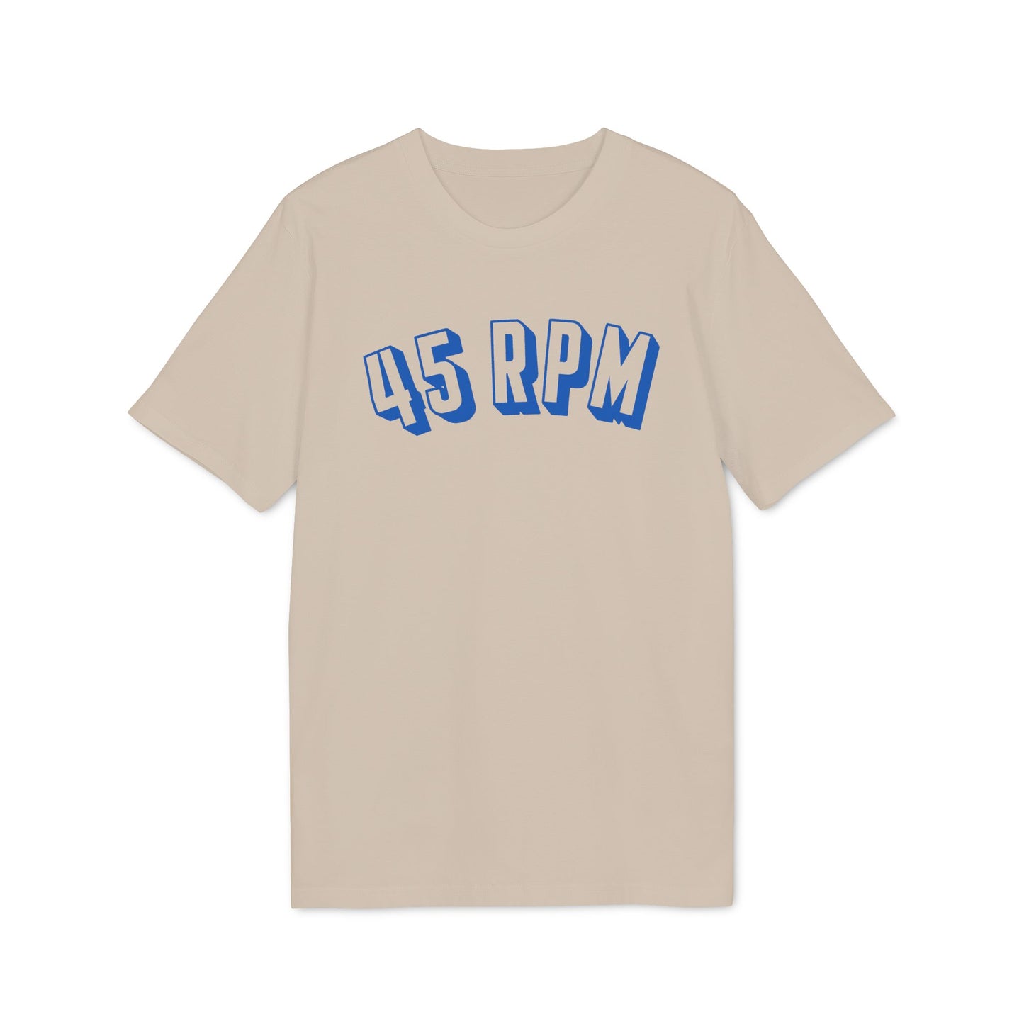 Tan t-shirt with blue "45 RPM" text in a bold font.
