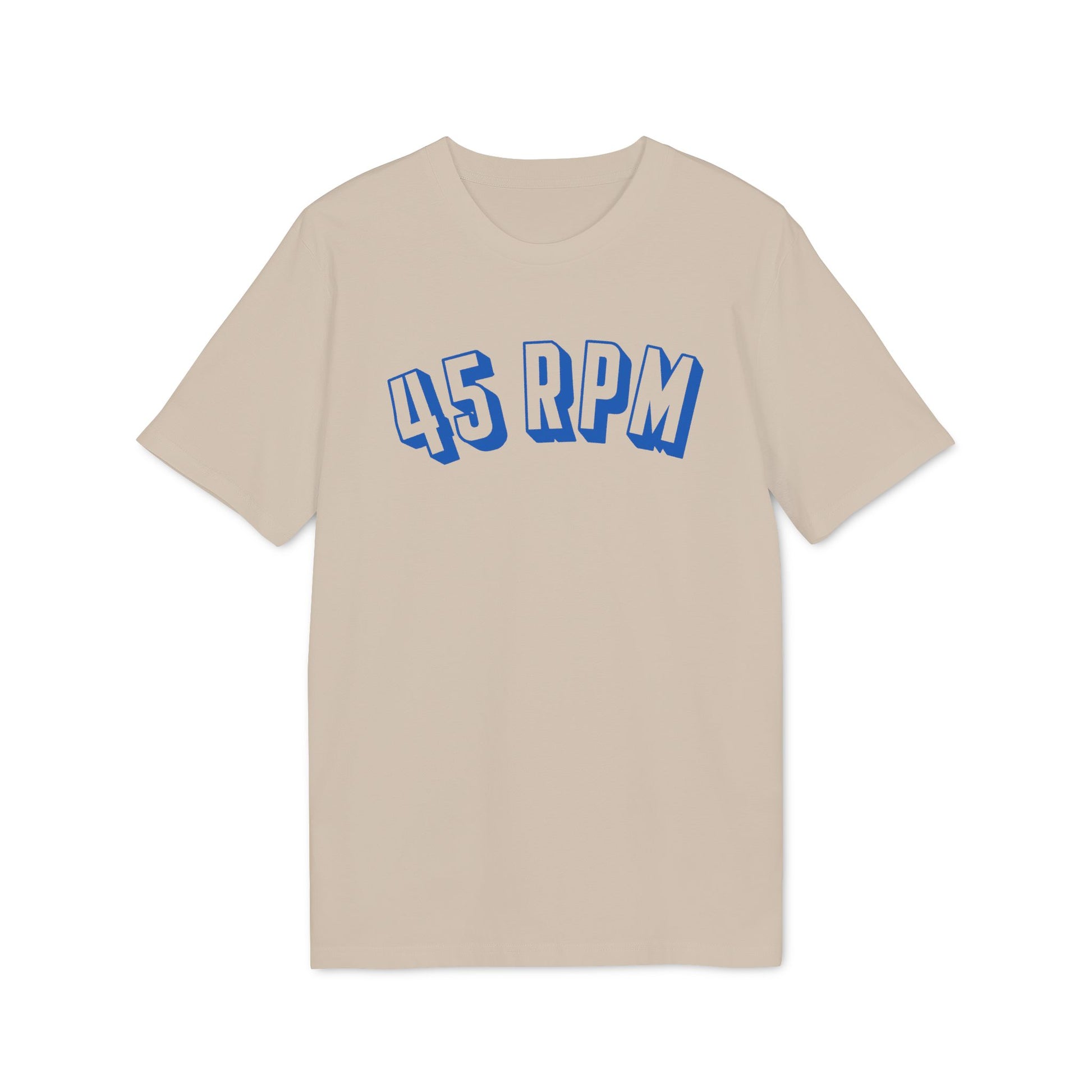 Tan t-shirt with blue "45 RPM" text in a bold font.