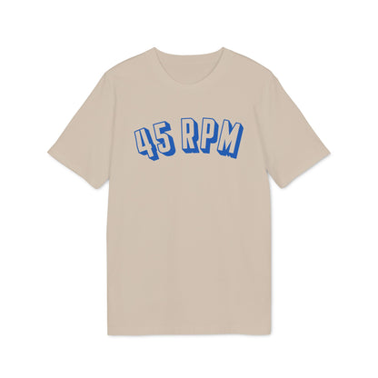 Tan t-shirt with blue "45 RPM" text in a bold font.