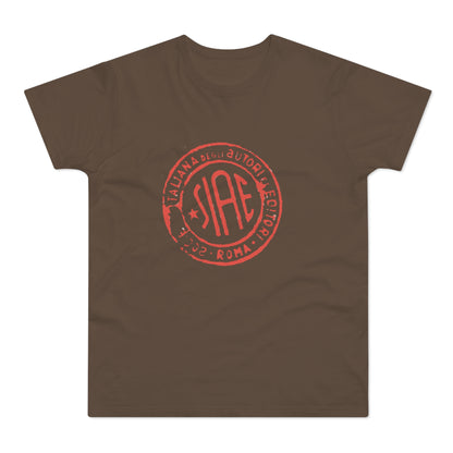 Brown t-shirt with red SIAE logo featuring Italian text and Roman numerals.