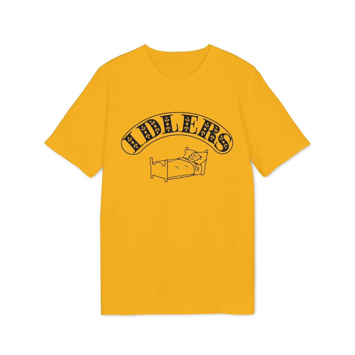 Yellow t-shirt with "FIDDLERS" text and a cartoon person in bed.