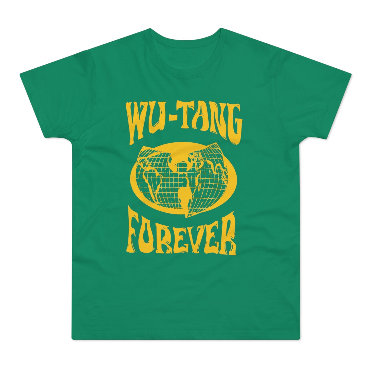 Green t-shirt with yellow "Wu-Tang Forever" text and globe logo.