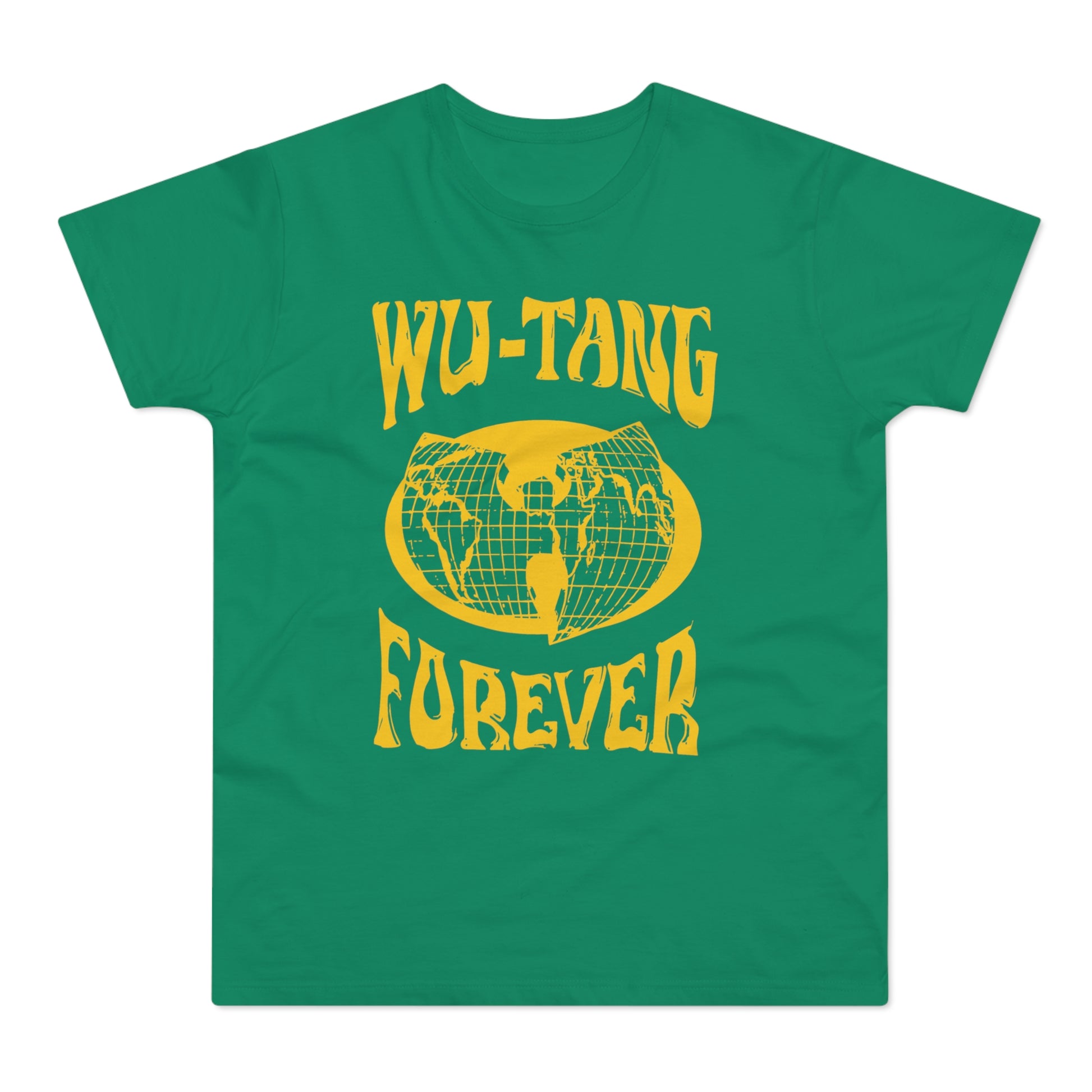 Green t-shirt with yellow "Wu-Tang Forever" text and globe logo.