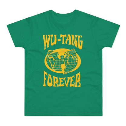 Green t-shirt with yellow "Wu-Tang Forever" text and globe logo.