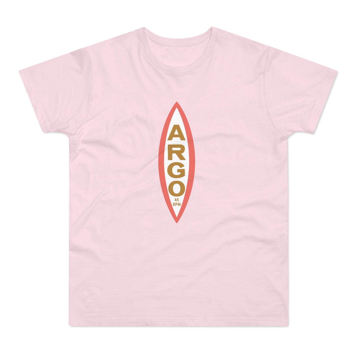 Pink t-shirt with a vertical oval logo containing "ARGO" and "45 RPM".