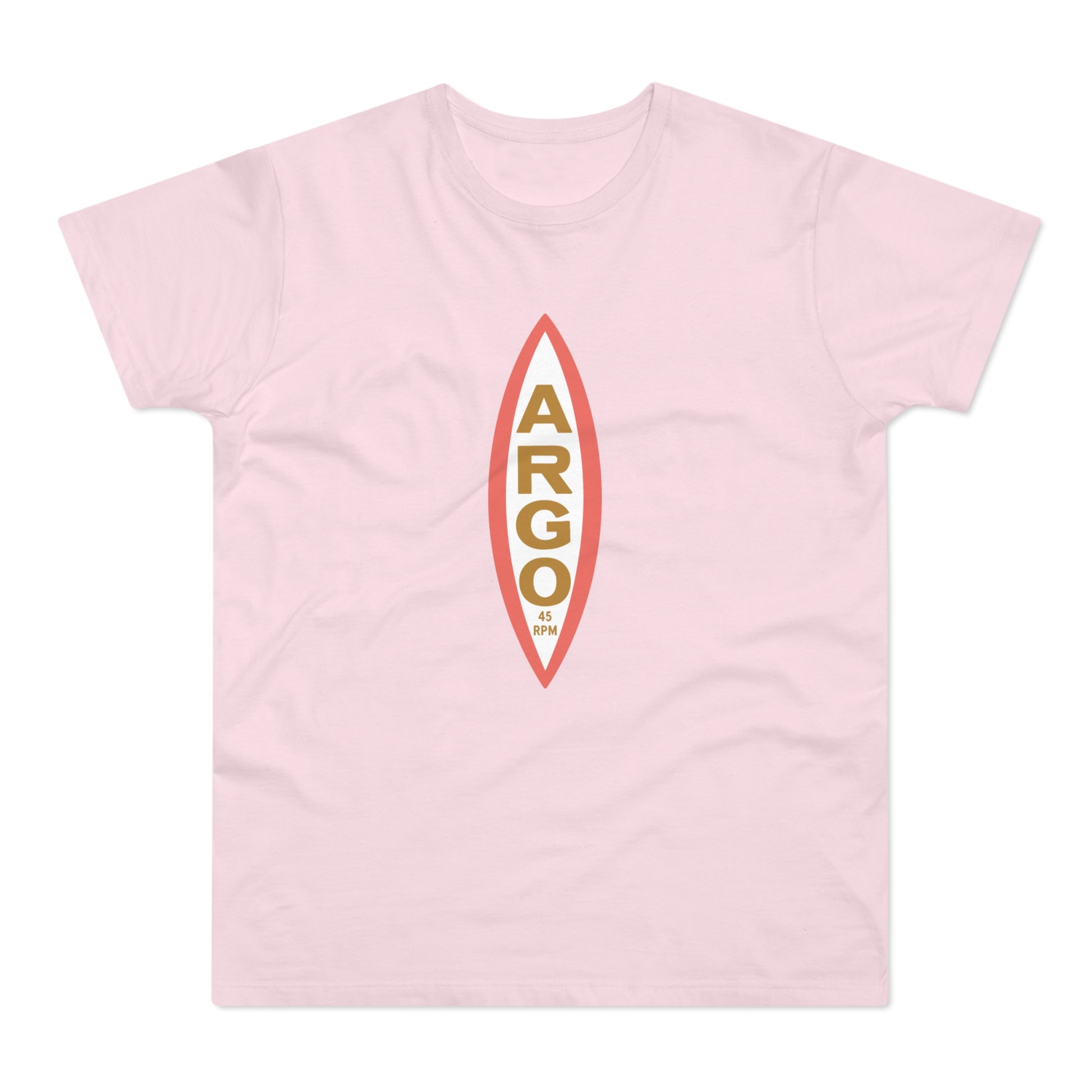 Pink t-shirt with a vertical oval logo containing "ARGO" and "45 RPM".