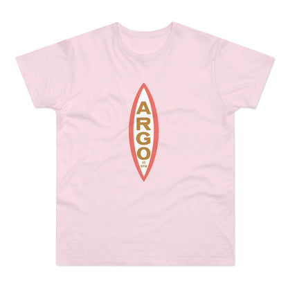 Pink t-shirt with a vertical oval logo containing "ARGO" and "45 RPM".