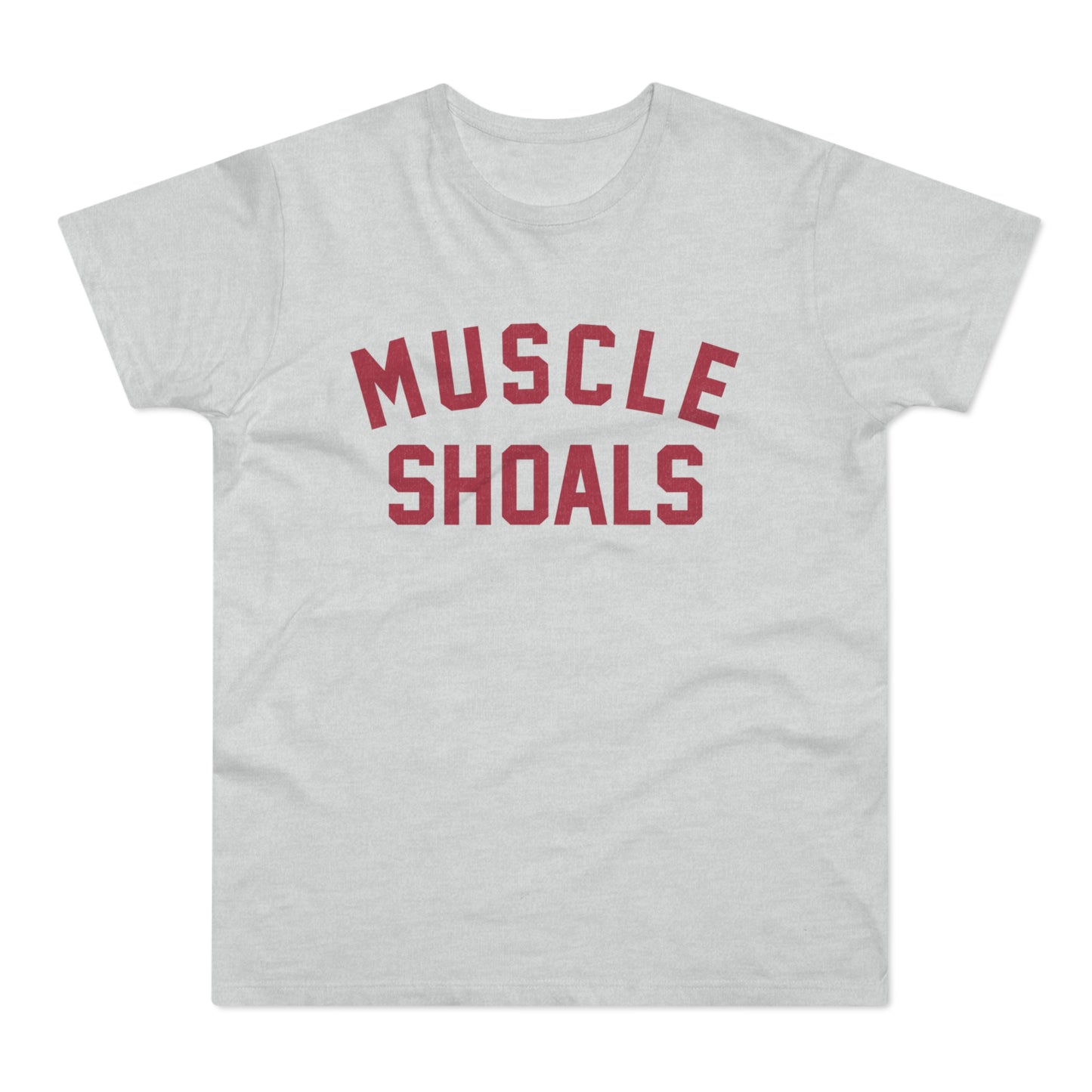 Light grey t-shirt with distressed red "MUSCLE SHOALS" text.