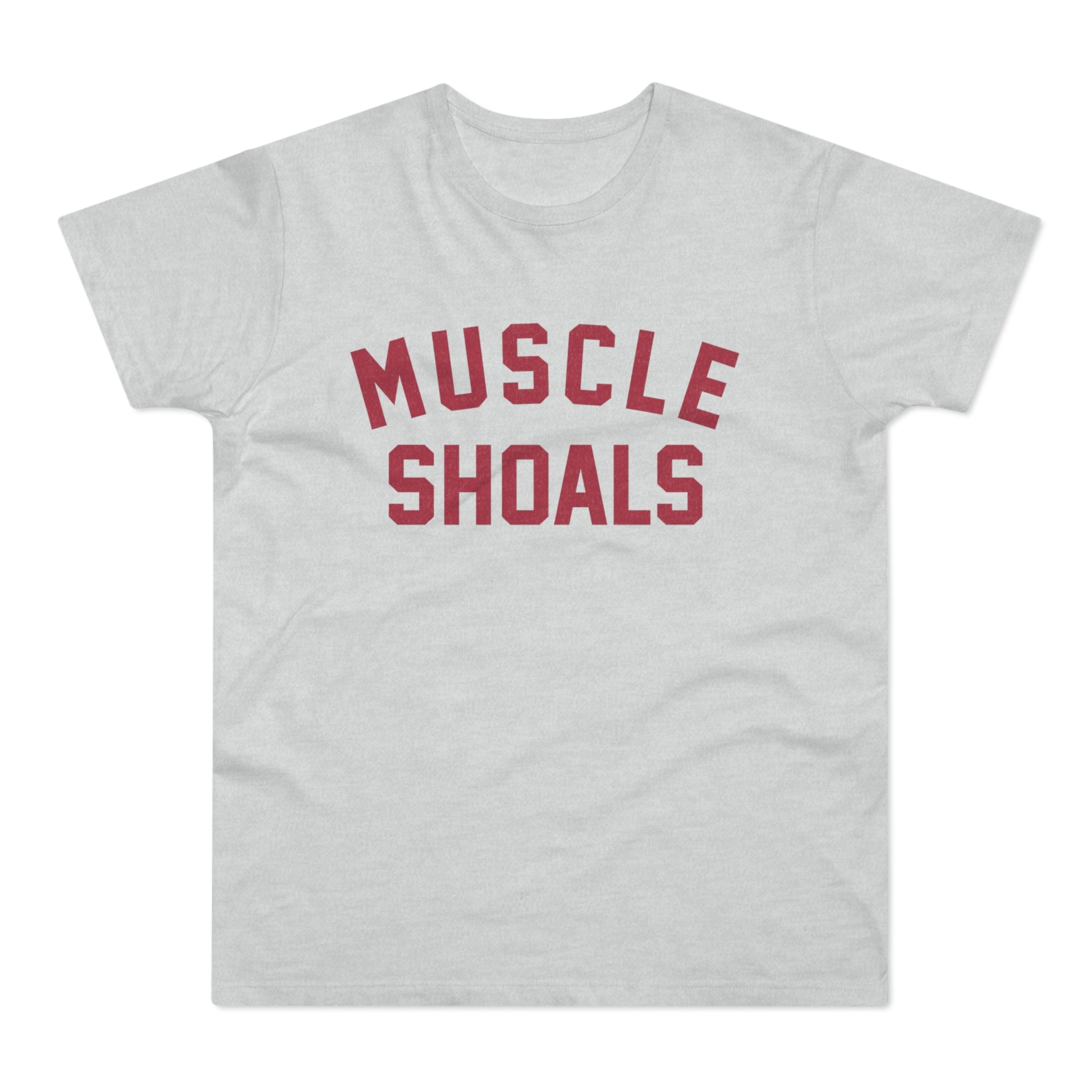 Light grey t-shirt with distressed red "MUSCLE SHOALS" text.