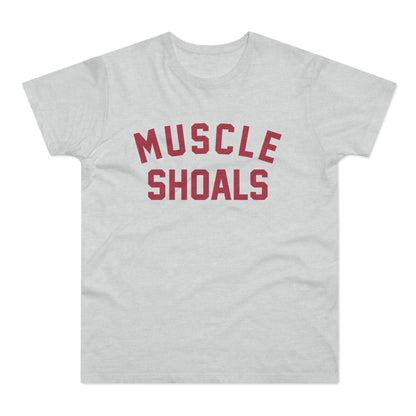 Light grey t-shirt with distressed red "MUSCLE SHOALS" text.