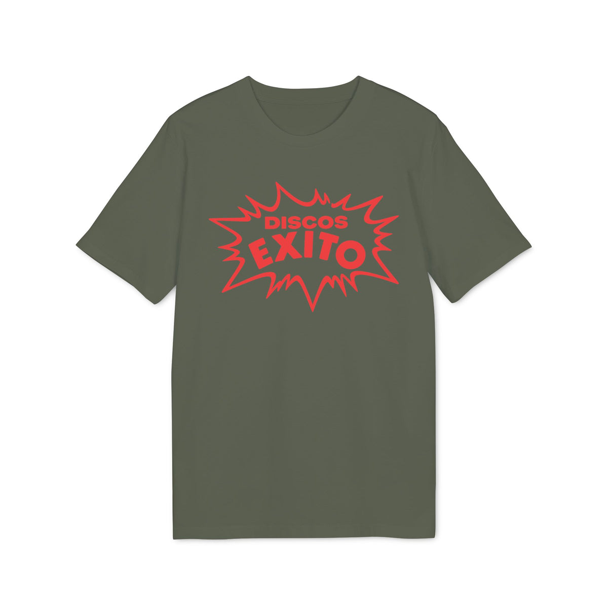 Olive t-shirt with red "Discos Exito" graphic in a starburst shape.