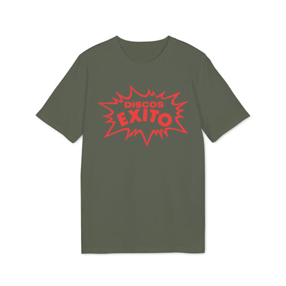 Olive t-shirt with red "Discos Exito" graphic in a starburst shape.