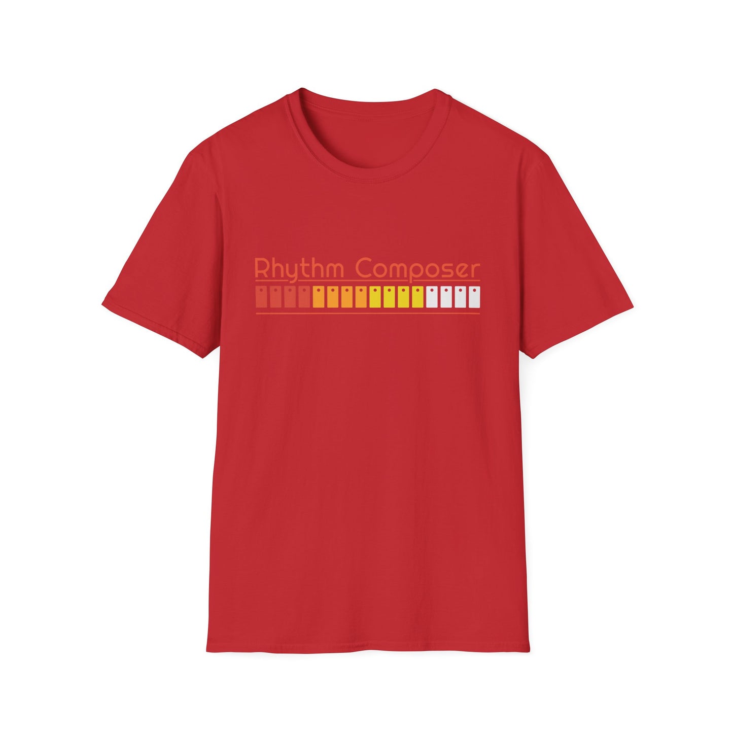 Red t-shirt with "Rhythm Composer" and a drum machine pattern graphic.