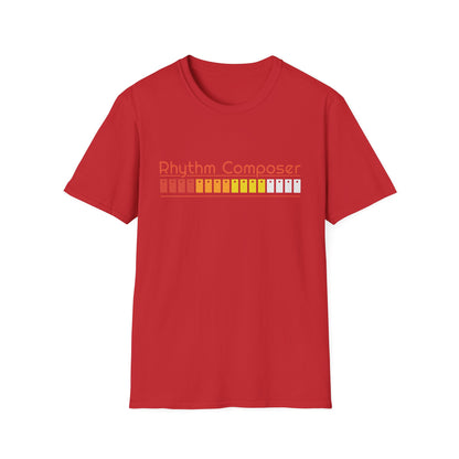 Red t-shirt with "Rhythm Composer" and a drum machine pattern graphic.