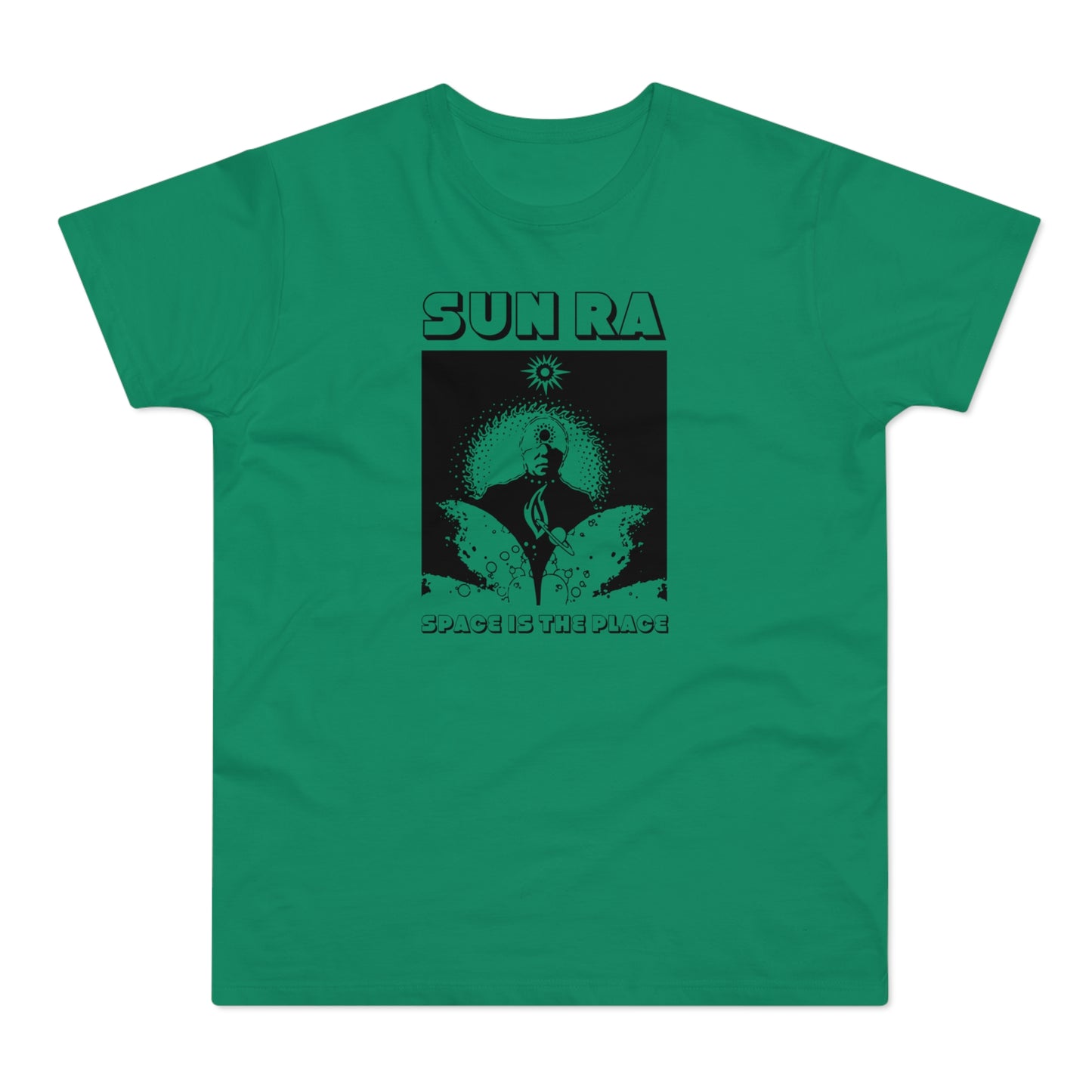 Green t-shirt with Sun Ra and "SPACE IS THE PLACE" graphic.