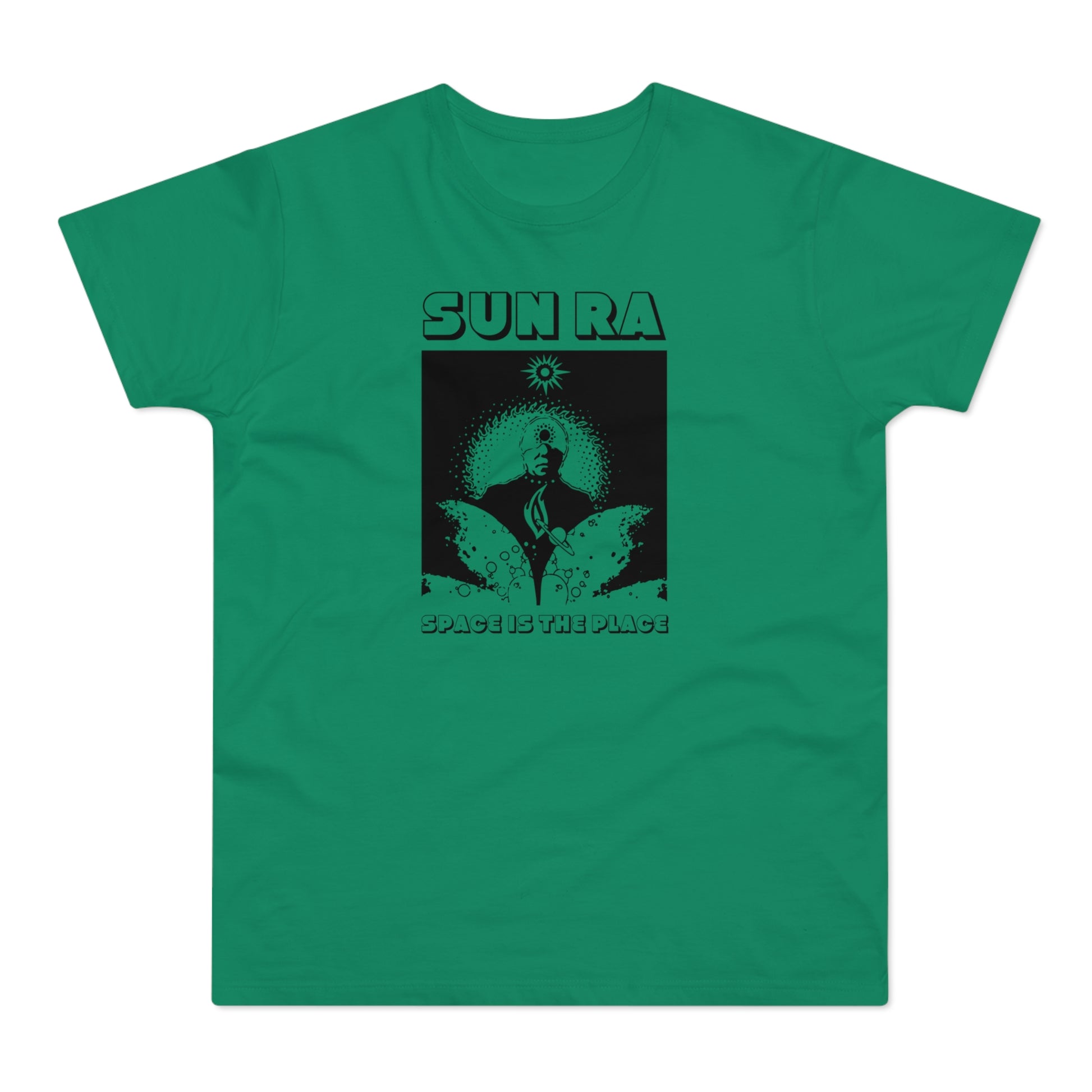 Green t-shirt with Sun Ra and "SPACE IS THE PLACE" graphic.