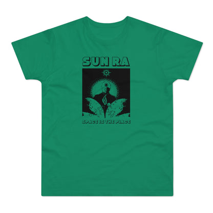 Green t-shirt with Sun Ra and "SPACE IS THE PLACE" graphic.