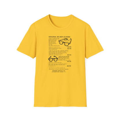 Yellow t-shirt with text and illustrations of vintage glasses.