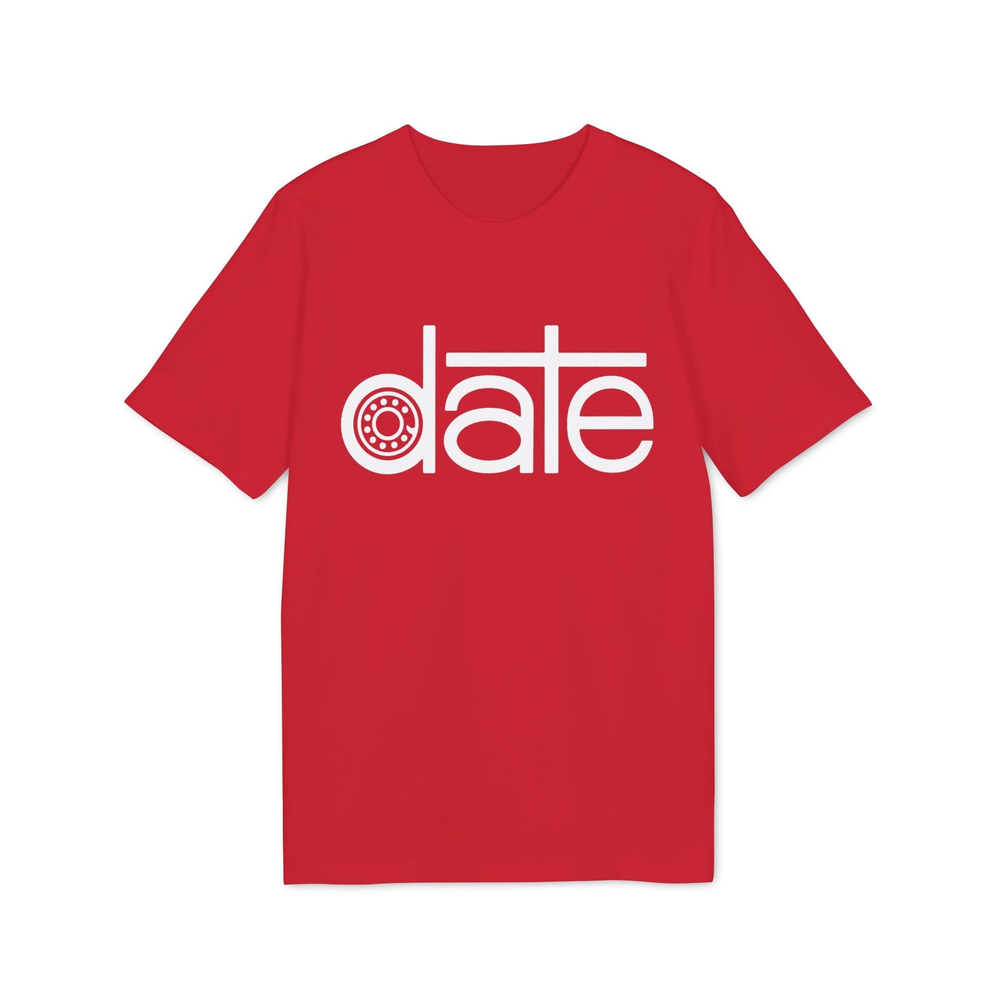 Red t-shirt with white text "date" and a wheel graphic.