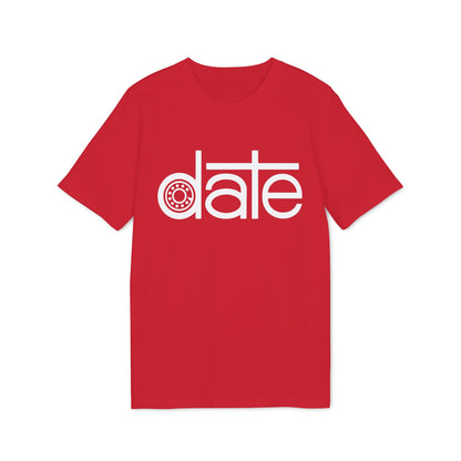 Red t-shirt with white text "date" and a wheel graphic.