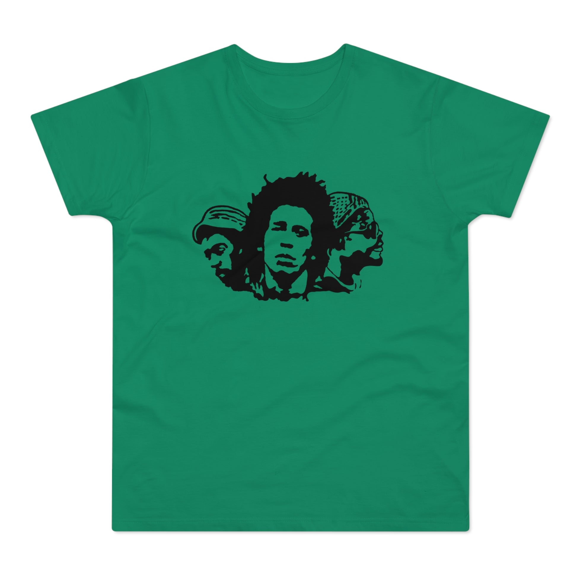 Black silhouette of three reggae artists on a green t-shirt.