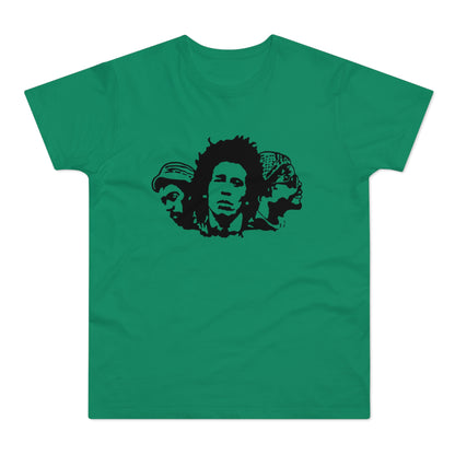 Black silhouette of three reggae artists on a green t-shirt.