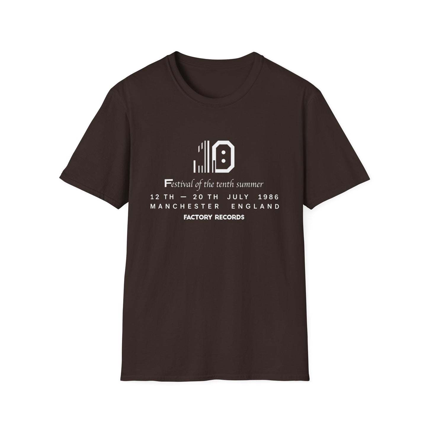 Brown t-shirt with "Festival of the tenth summer" and Factory Records details.