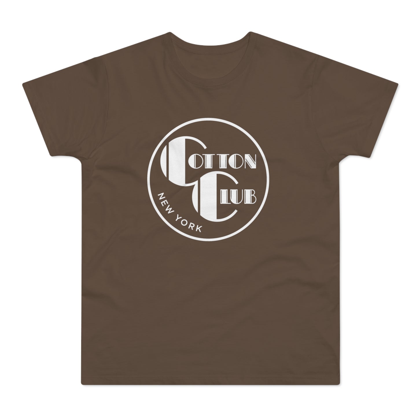 Brown t-shirt with white "Cotton Club New York" circular logo.