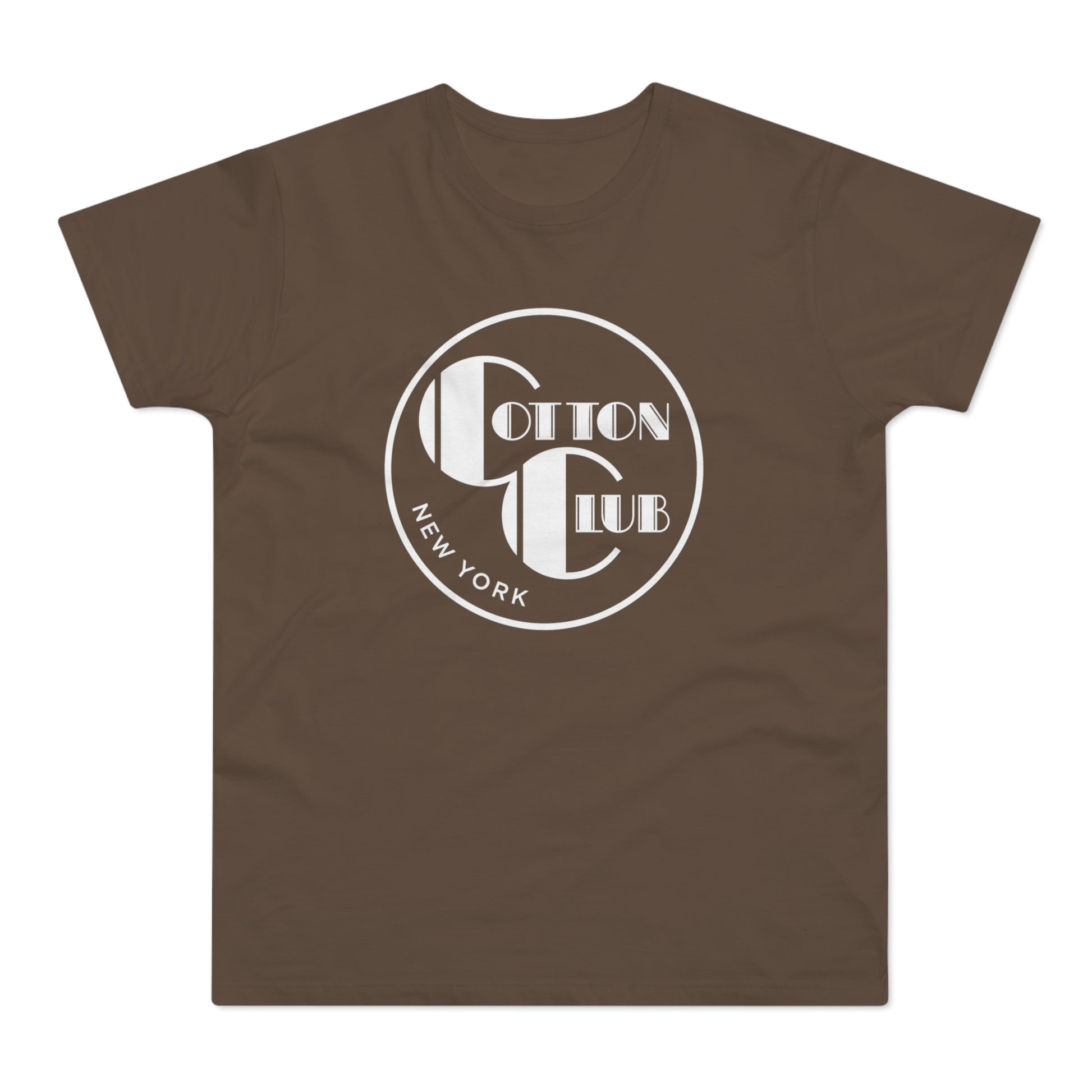 Brown t-shirt with white "Cotton Club New York" circular logo.