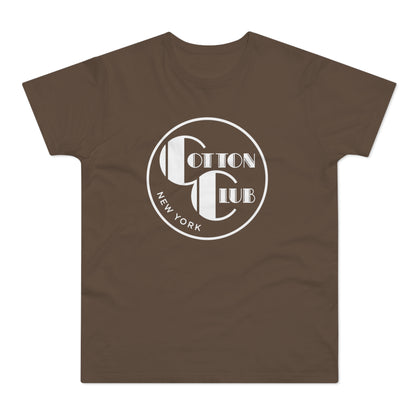 Brown t-shirt with white "Cotton Club New York" circular logo.