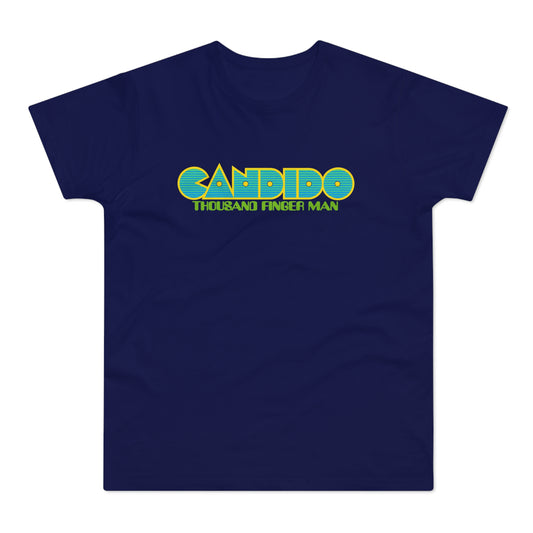 Dark blue t-shirt with "CANDIDO THOUSAND FINGER MAN" text.