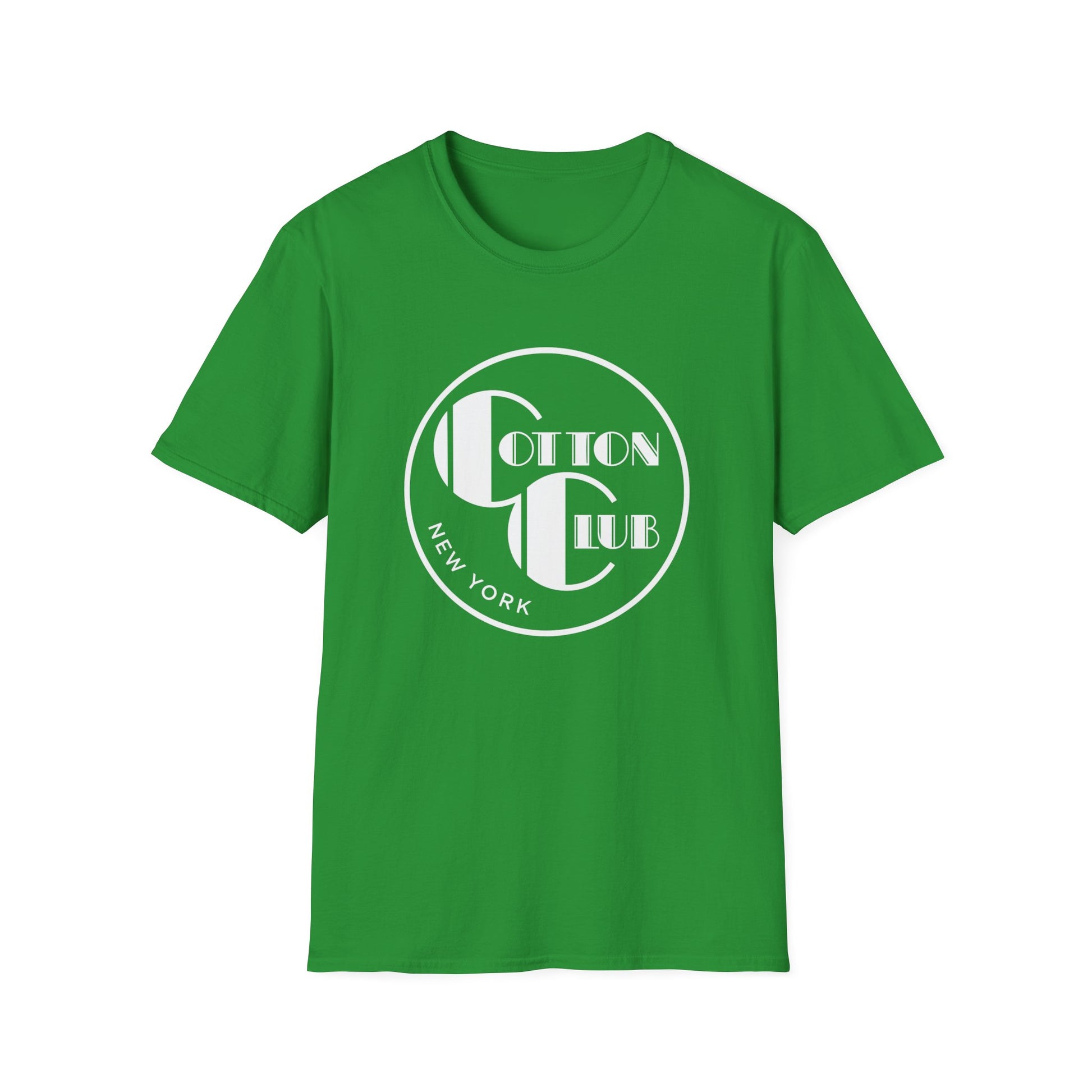 Green t-shirt with white "Cotton Club New York" circular logo featuring stylized CC.